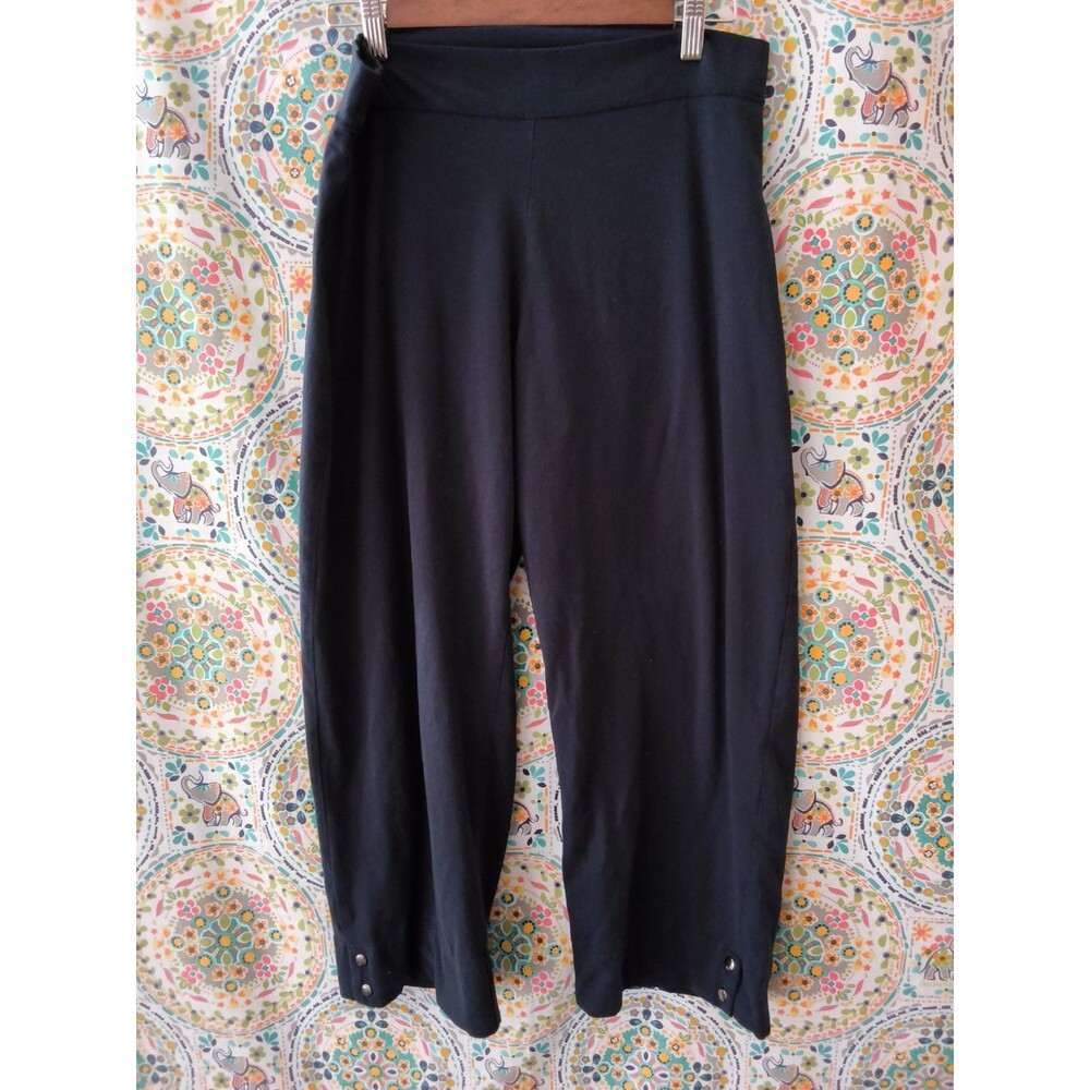 CABI Cropped Ponte Pants Capris Women's LARGE Navy Blue Snap Detail Super Soft